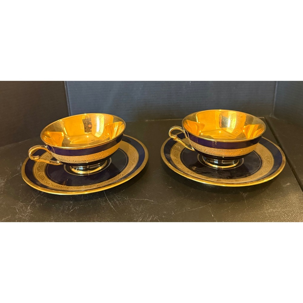 Limoges Legle Porcelaine d'Art Demitasse Cups Saucers Cobalt Blue Gold Set Of 2